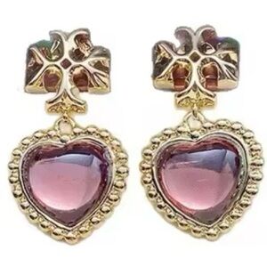 TORY BURCH ROXANNE GOLD LOGO PURPLE HEART DROP EARRINGS